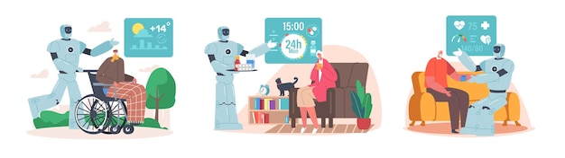 Set Robots Help Elderly People Futuristic Technology for Seniors Ai Cyborg Walk with Old Man on Wheelchair Bring Pills and Measure Blood Pressure to Elderly Characters Cartoon Vector Illustration
