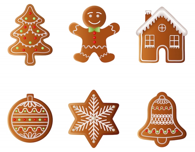 Set roti jahe Natal. Pohon roti jahe, manusia roti jahe, rumah roti jahe, bola roti jahe, kepingan salju roti jahe, dan lonceng roti jahe