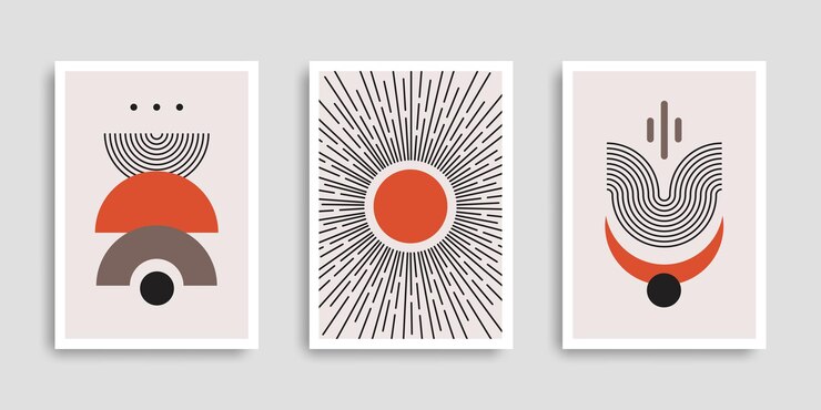 Set seni dinding minimalis, poster kontemporer dengan bentuk geometris dalam gaya boho
