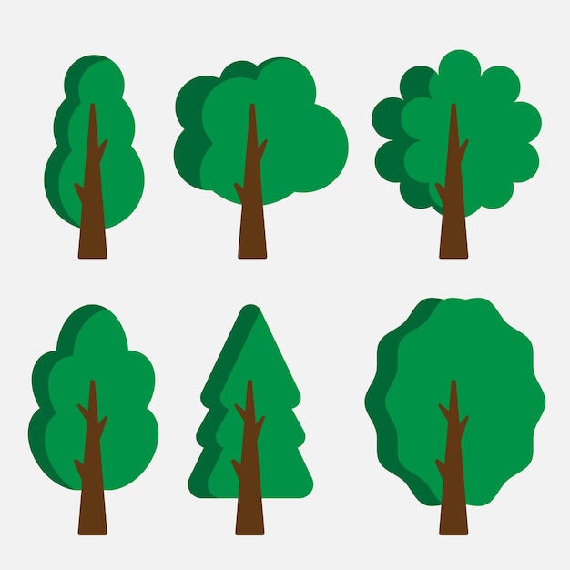 Set six of flat trees in green tones