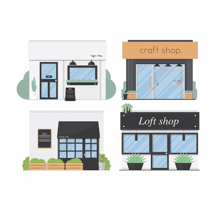 Vector set tampak depan toko desain datar 4 toko ilustrasi vektor latar belakang