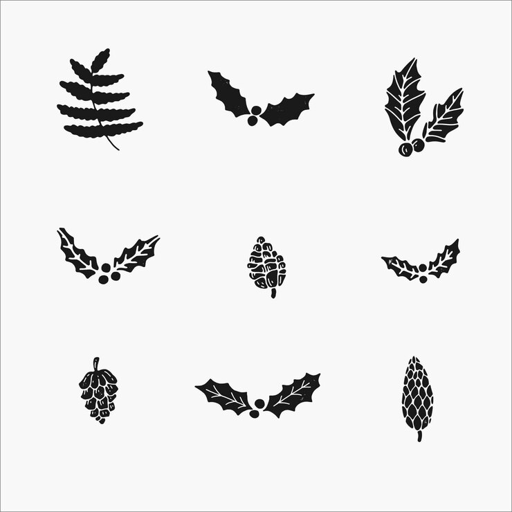Vector set tanaman musim dingin dan elemen botani. ilustrasi lucu yang digambar tangan, isolasi hitam putih sederhana
