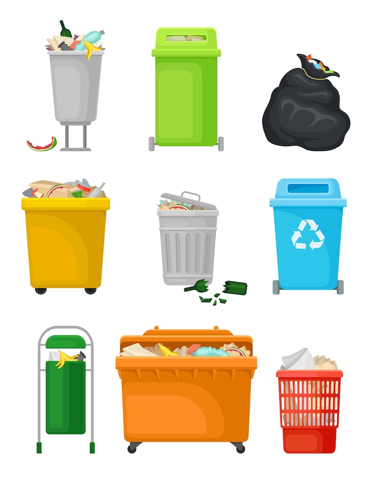 Vector set tempat sampah dan kantong penuh