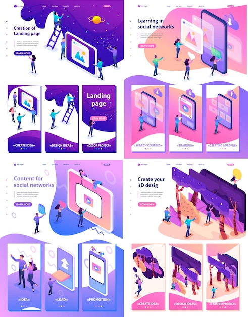 Set Template Landing page app design Isometric concept 3D design learning content for social network