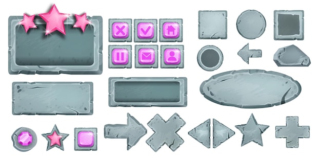 Set tombol batu game vektor ikon UI batu menu web kartun latar belakang bintang panah silang permata