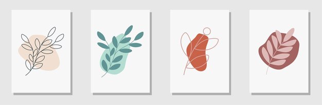 set vector botanical wall art vector set. earth tone color background foliage line art drawing.