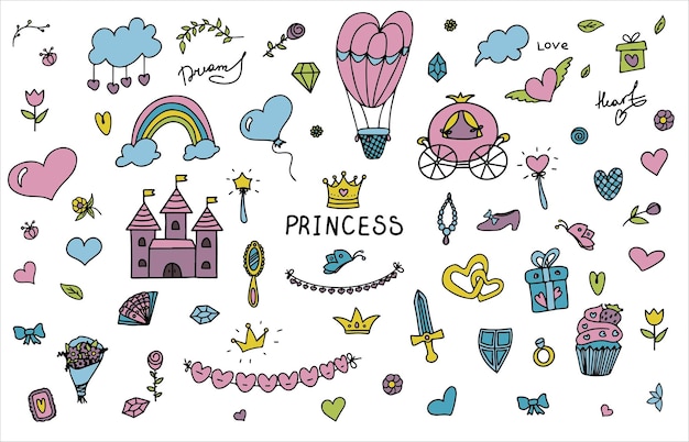 set vector illustration handdrawn sketchy fairy tale princess tiara crown doodle design elements set...