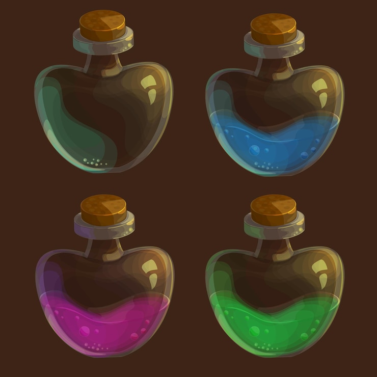Vector set vektor empat botol berisi racun - dalam berbagai warna dan satu kosong