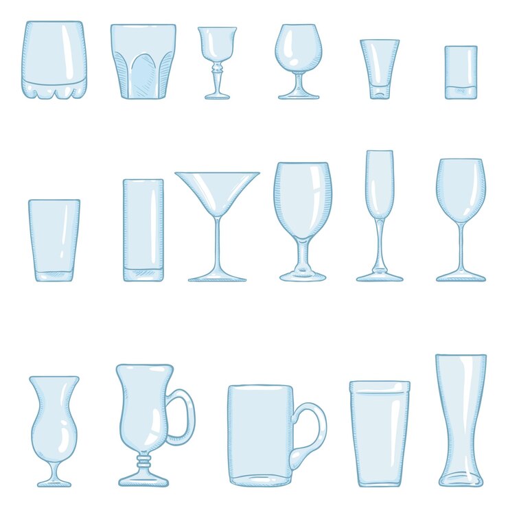 Vector set vektor gelas stemware kartun untuk koktail alkohol dan minuman ringan