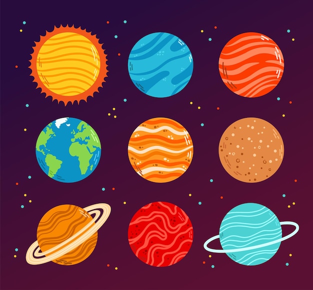 Set vektor planet kartun. Set objek terisolasi warna-warni. Latar belakang luar angkasa. Planet fantasi.