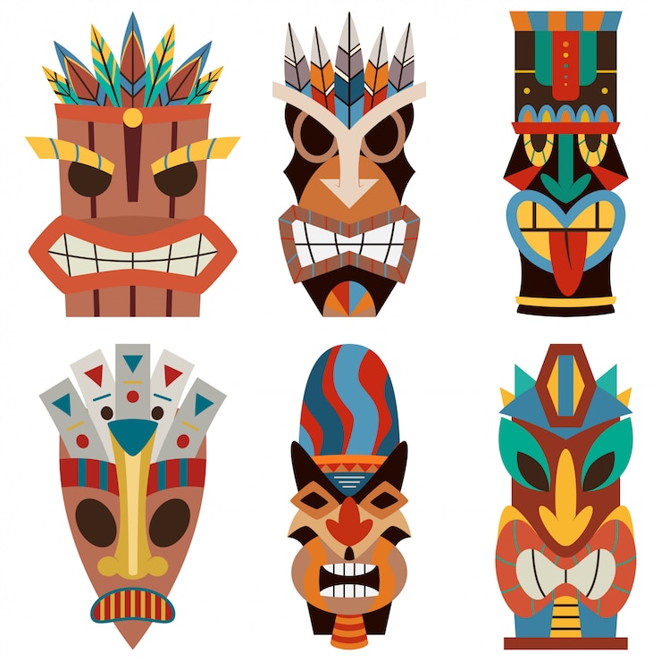 Vector set vektor topeng tiki dari penyamaran kayu hawaii dan polinesia yang dipotong.