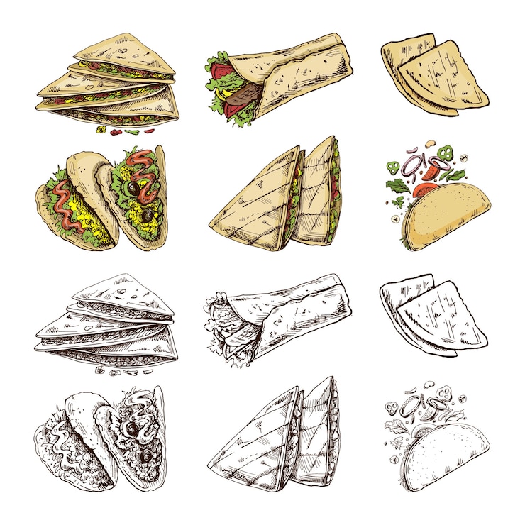 Vector set warna dan monokrom digambar tangan dari hidangan meksiko realistis dari masakan amerika latin