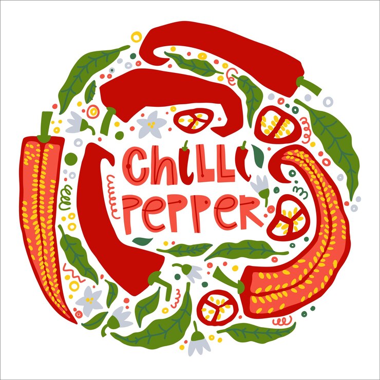 Set with chili peppers flowers pieces of pepper seeds and leaves of pepper