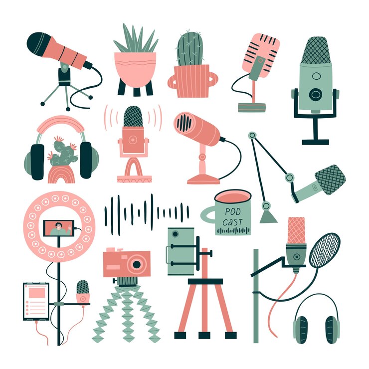 Set with microphones flowers headsets on the theme of the podcast flat vector illustration isolated on white background