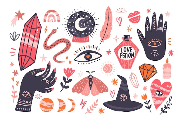Set with mystical objects. Crystal, buddha hand, witch hat, love potion and others. Hand drawn vector illustration.