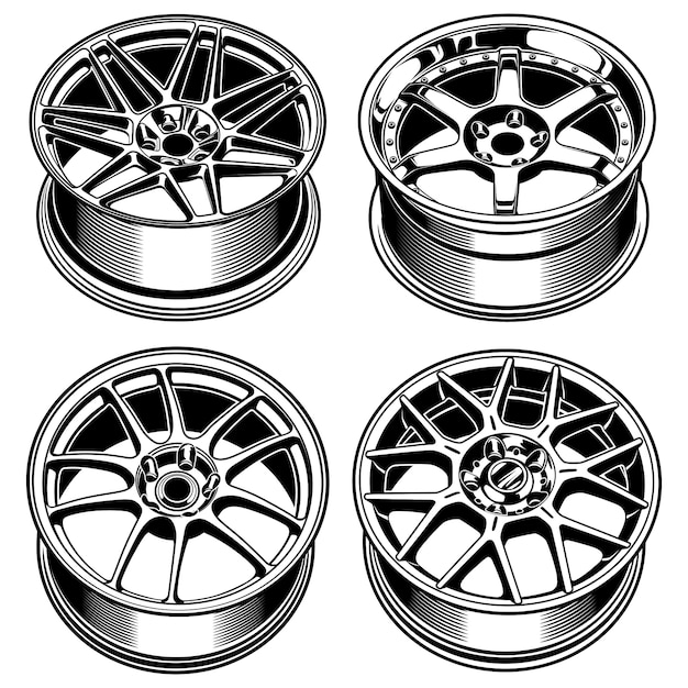sets of car wheels rims line art silhouette illustration for conceptual design