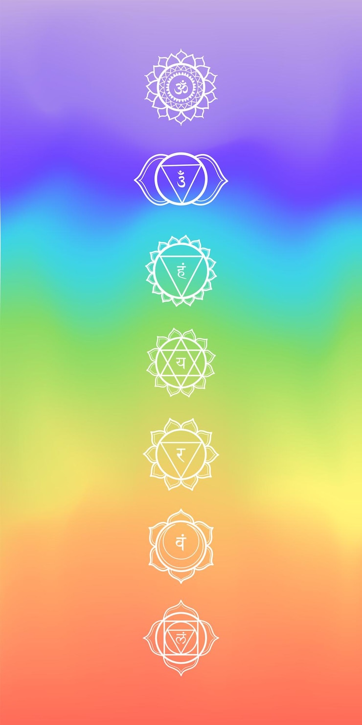 Vector seven chakras on rainbaw gradient background vertical vector illustrations