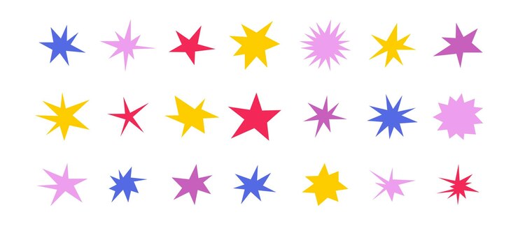 Vector sharp stars shapes set bright irregular sparks colorful twinkles abstract edgy sparkle and stars