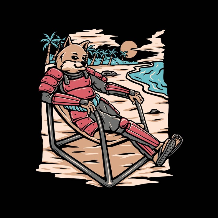 Vector shiba inu wear samurai outfit chill at beach illustration