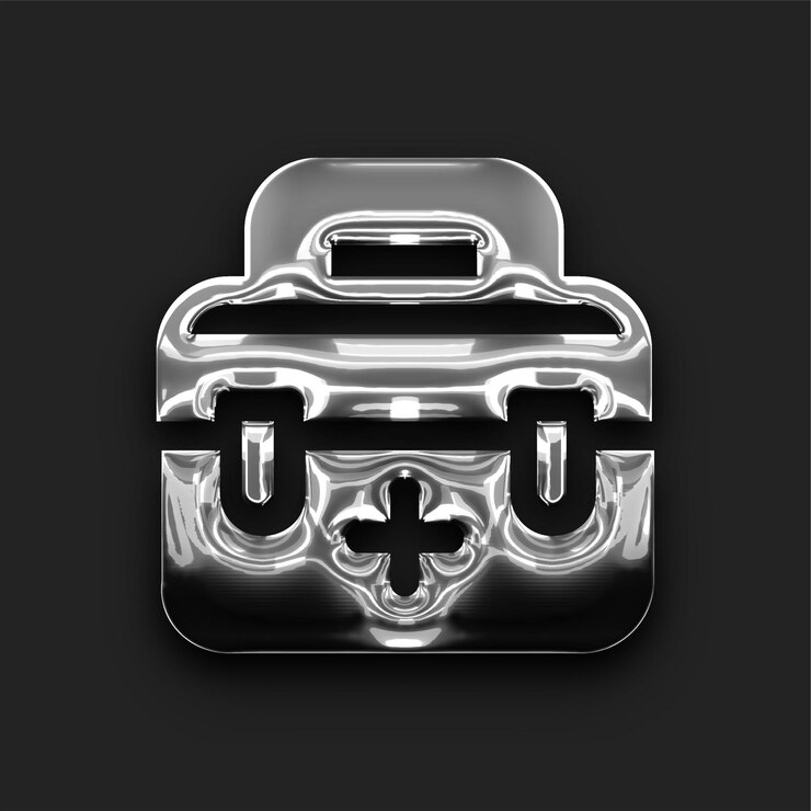 Vector shiny metallic silver first aid box icon with black backdrop