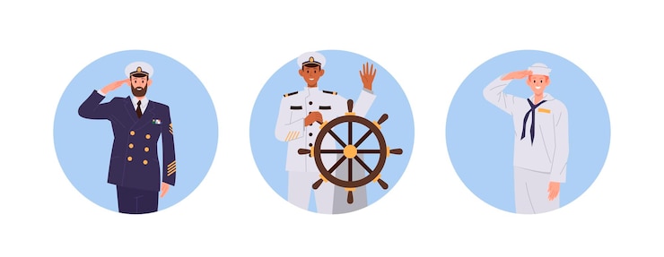 Vector ship crew isolated set of round composition with happy admiral captain seafarer steward seaman character vector illustration of nautical professional team for sea cruise liner or marine yacht
