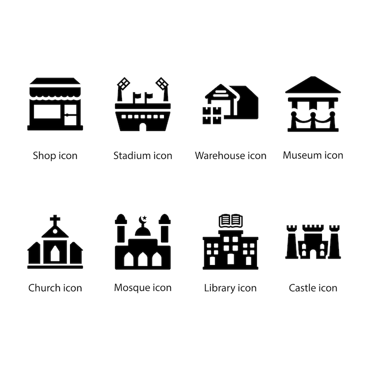 Vector shop stadium warehouse museum church mosque library castle black icon set
