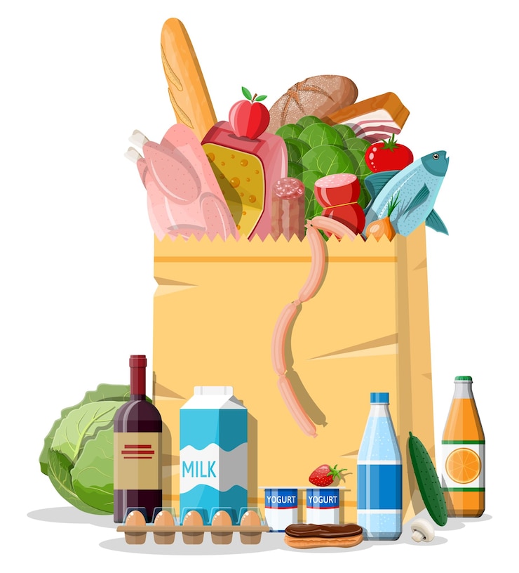 Vector shopping paper bag with fresh products. grocery store, supermarket. food and drinks. milk, vegetables, meat, chicken cheese, sausages, salad, bread cereal steak egg.