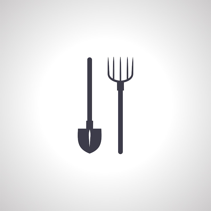 Vector shovel or spade rake and pitchfork icon