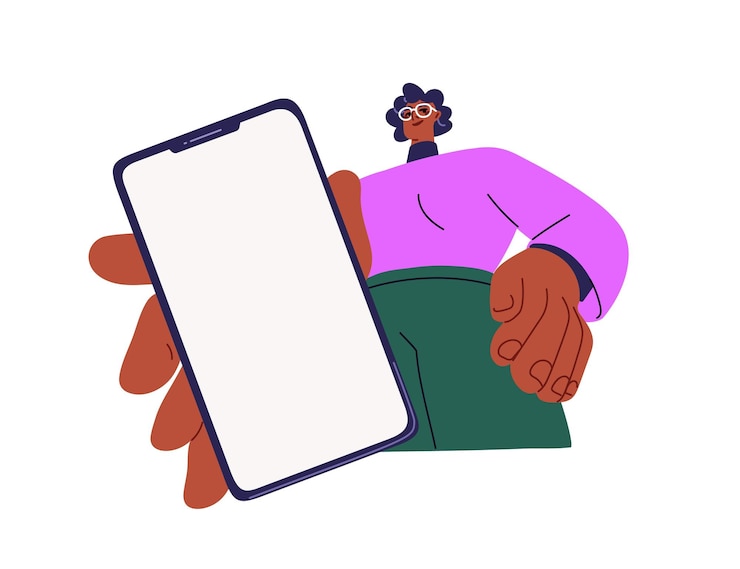 Showing smartphone screen mockup Black woman holding mobile phone in hand advertising cell display Female character with cellphone touchscreen Flat vector illustration isolated on white background