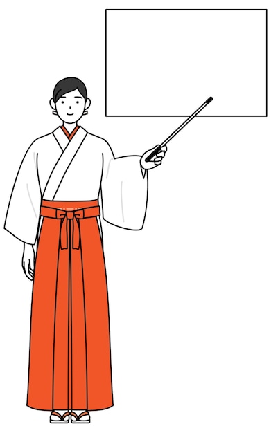 Shrine Maiden Of The Shrine wearing White kosode and Red Hakama pointing at a whiteboard with an indicator stick