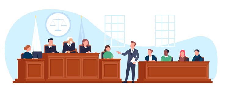 Vector sidang di ruang sidang. pengacara mengajukan pertanyaan kepada saksi. interior gedung pengadilan. hakim dan juri di tribun kayu. tribunal hukum. jaksa dan pengacara pembela. konsep yurisdiksi vektor