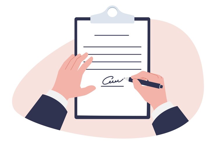 Vector signing a contract business agreement hand signing document flat vector illustration
