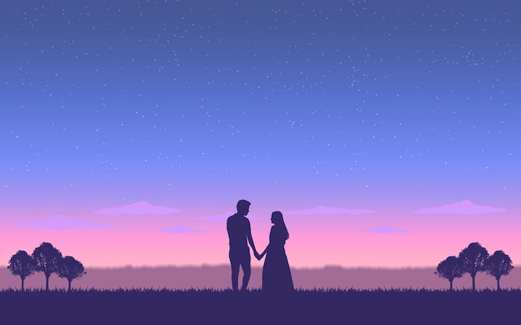 Vector silhouette couple holding hand together under evening sky