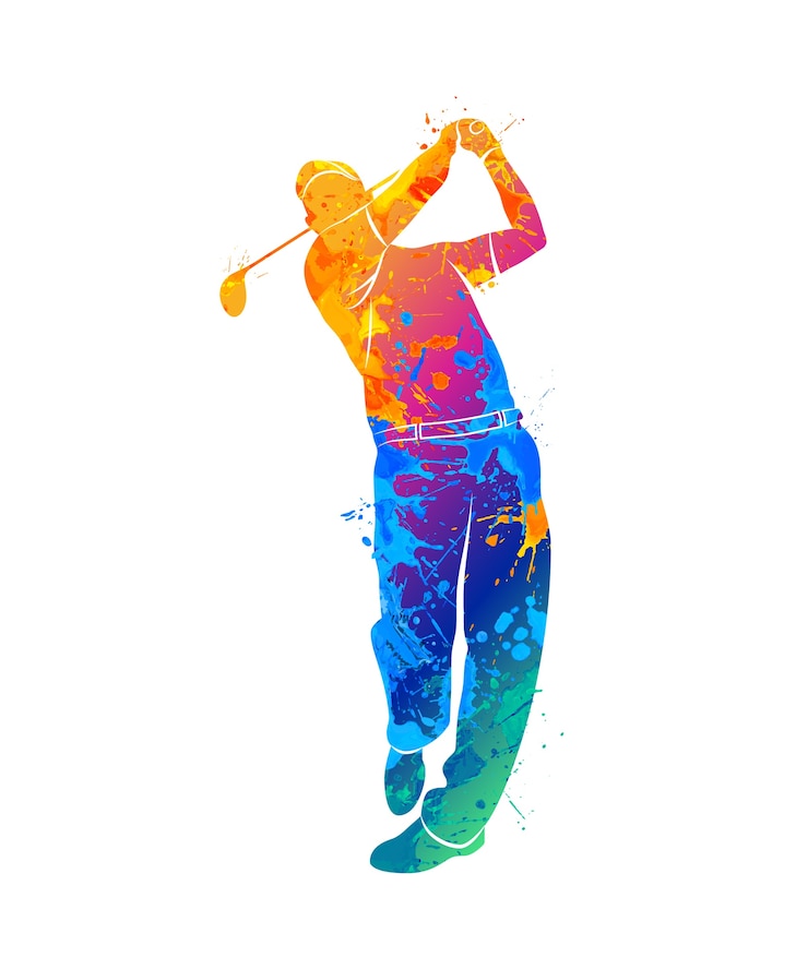 Vector silhouette golf player from splash of watercolors. illustration of paints.