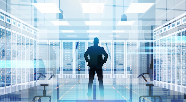 Silhouette Man In Data Center Room Hosting Server Computer Information Database