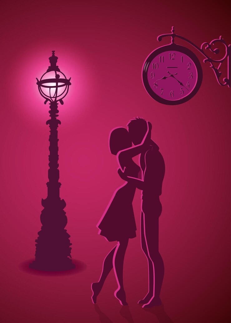 Vector silhouette of a couple in love a date under the clock the light of a lantern