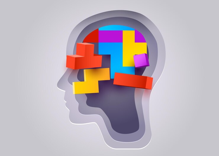 Vector silhouette of a human head game blocs puzzle concept of mental health and psychology