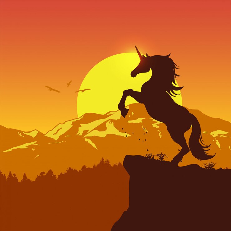 Vector silhouette of a skittish unicorn at sunset, vector illustration