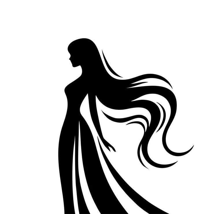 Silhouette of a woman with long hair and wearing a dress Isolated on white background