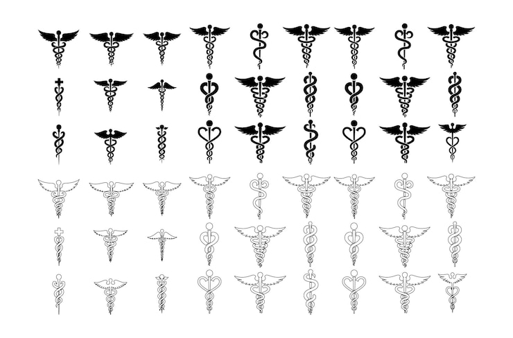 Vector silhouette of caduceus medical symbols set collection with white background