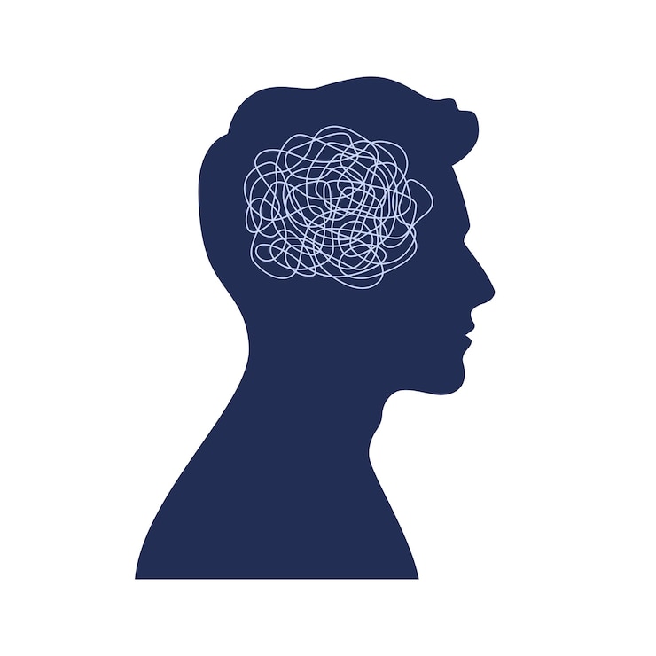 Vector silhouette of human head with chaos of tangled thread inside