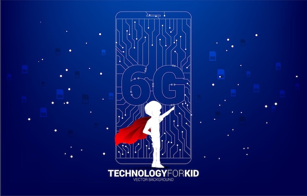 Silhouette of kid in superhero suit with 6G dot connect line circuit board style mobile phone icon. Concept for children data transfer of mobile data network.