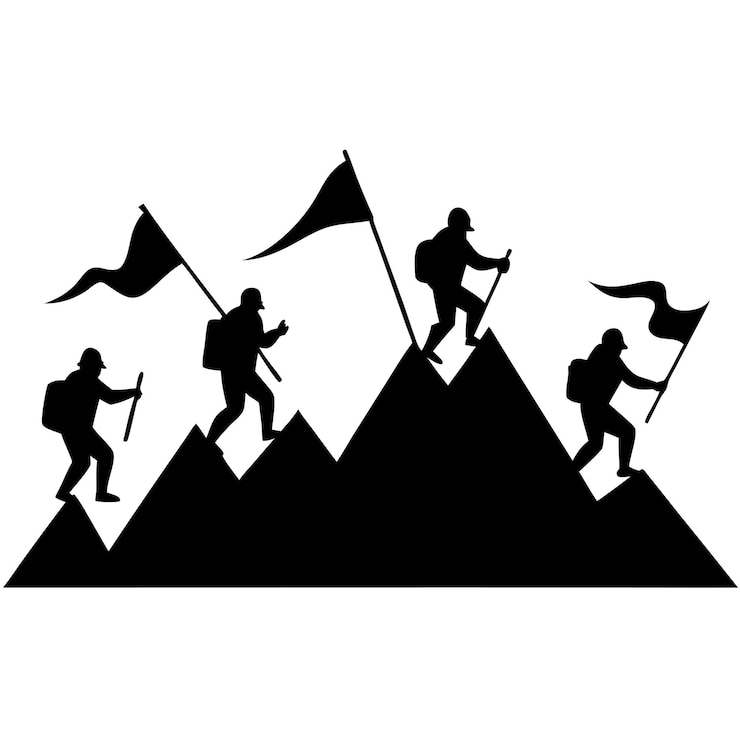 Vector silhouette of six mountaineers scaling a majestic mountain peak