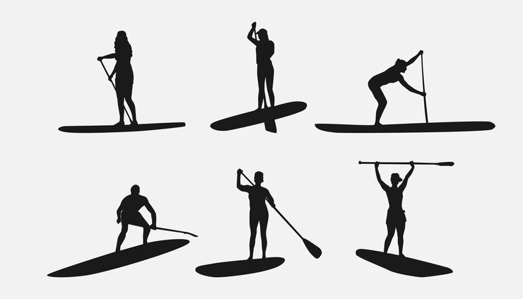 Vector silhouette of sup board stand up paddle boarding isolated on white background