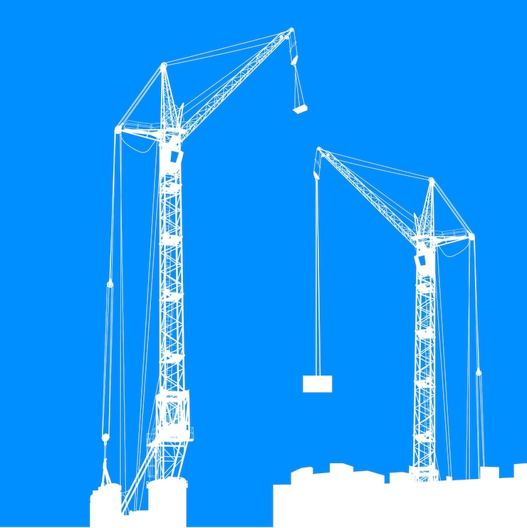 Vector silhouette of two cranes working on the building vector illustration