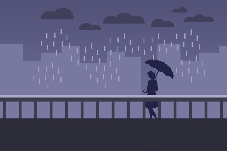 silhouette of woman with umbrella in rainy night flat design