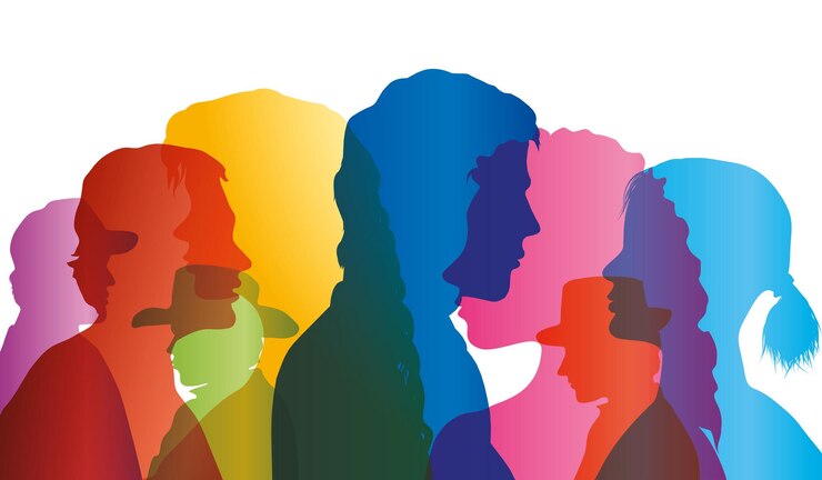 Vector silhouette profile group of men and women of diverse culture diversity multiethnic people