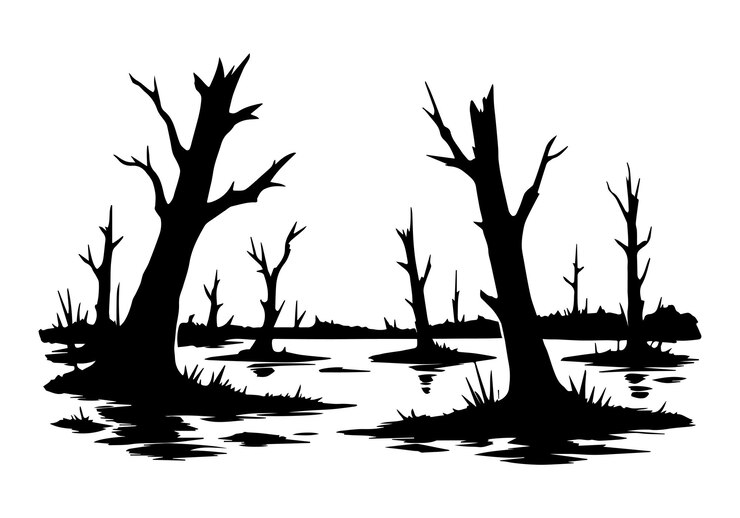 Silhouettes of sinister trees Panorama of the swamp Old forest on Halloween Vector illustration
