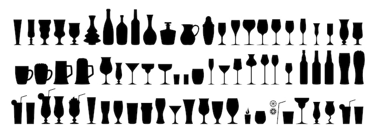 Vector silhouettes various alcohol cocktail glasses bar set black isolated glasses of wine glasses of beer