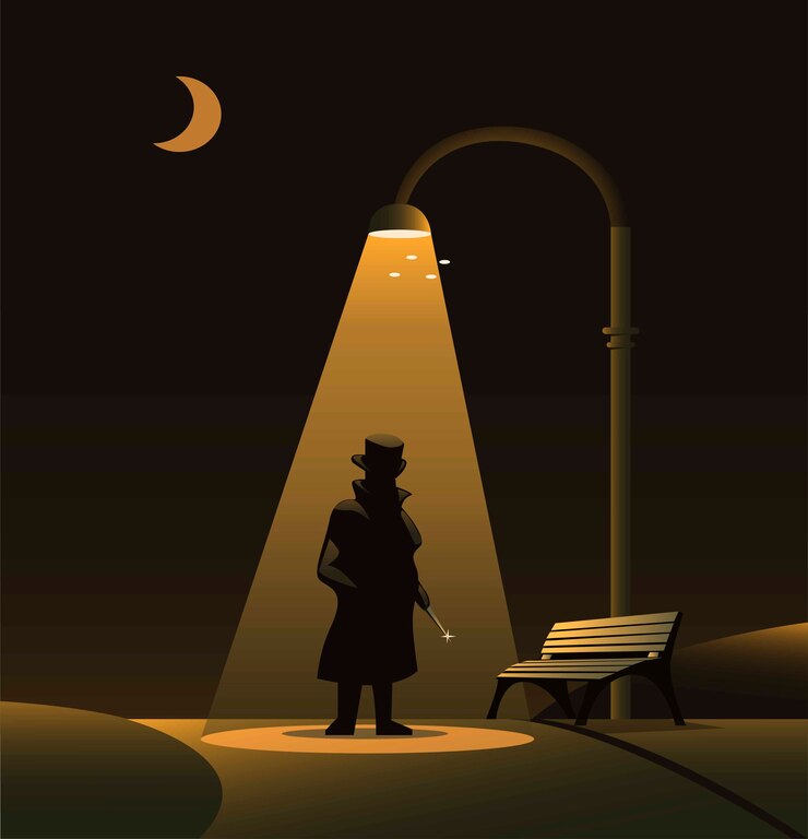 Vector sillhouette of jack the ripper under street light at park in night. urban legend horror scene concept illustration 